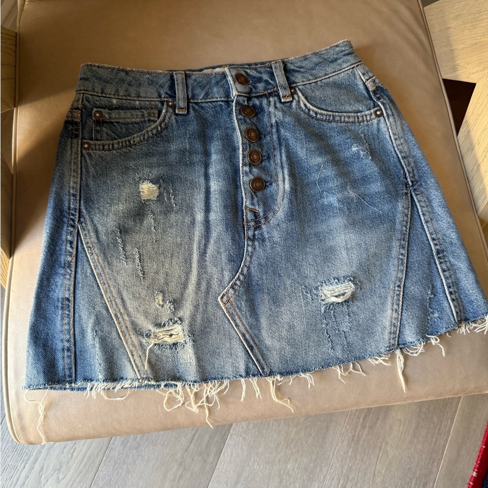 We The Free Blue Distressed Denim Mini Skirt